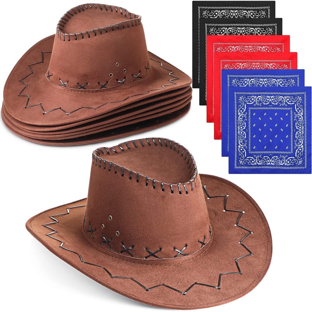 7378 12 Pieces Cowboy Hats and Bandanas Bulk Western Cowboy Cowgirl Hats